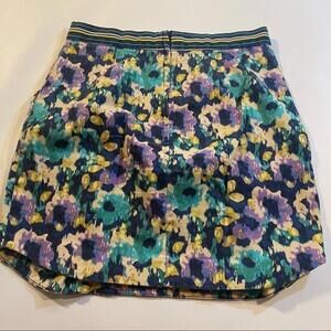 H&M Size 6 Yellow Lilac Teal Floral Pleated Denim Skirt W Striped Waistband